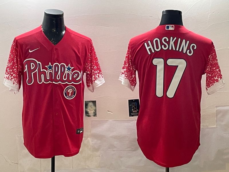 Men Philadelphia Phillies #17 Hoskins Red Fashion 2025 Nike MLB Jersey style 5